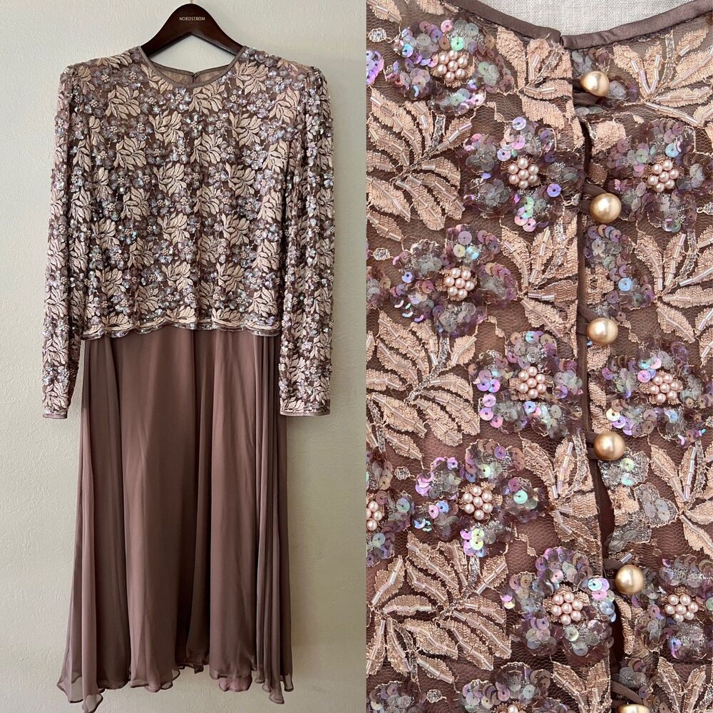 Vintage 80s Cattiva Rose Taupe Moch Two-Piece Beaded Sequin Midi Dress Size16